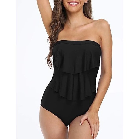 NEW Bandeau One Piece Strapless Layered Polkadot Ruffle Flounce Bathing Suit 8 - Picture 7 of 7